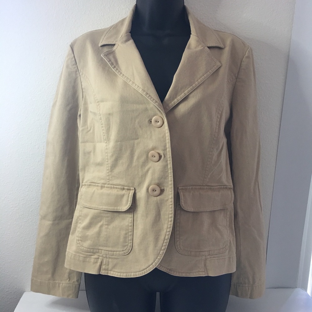Talbots Khaki Tan Cotton Stretch Blazer Jacket Size 10 Button Front